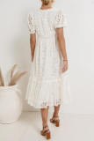 Flower Lace Deep V Neck Short Sleeve Hollow Out Buttons A Line Formal Party Pleated Midi Dress