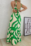 Tropical Print Sleeveless Halter Cross Hollow Out Crop Top and Maxi Skirt Vacation Two Piece Dress