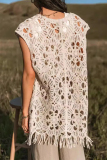 Crochet Sleeveless Hollow Out Fringed Hem Vacation Vest Long Cardigan Top