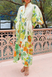 Floral Print Lantern Sleeve Lace Up Front Slit Vacation Shirt Maxi Dress
