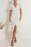 Flower Lace Deep V Neck Short Sleeve Hollow Out Buttons A Line Formal Party Pleated Midi Dress