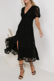 Flower Lace Deep V Neck Short Sleeve Hollow Out Buttons A Line Formal Party Pleated Midi Dress