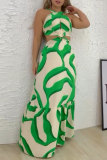 Tropical Print Sleeveless Halter Cross Hollow Out Crop Top and Maxi Skirt Vacation Two Piece Dress