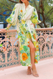 Floral Print Lantern Sleeve Lace Up Front Slit Vacation Shirt Maxi Dress
