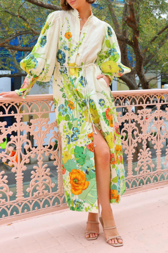 Floral Print Lantern Sleeve Lace Up Front Slit Vacation Shirt Maxi Dress