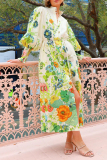 Floral Print Lantern Sleeve Lace Up Front Slit Vacation Shirt Maxi Dress