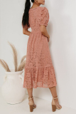 Flower Lace Deep V Neck Short Sleeve Hollow Out Buttons A Line Formal Party Pleated Midi Dress