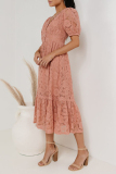Flower Lace Deep V Neck Short Sleeve Hollow Out Buttons A Line Formal Party Pleated Midi Dress