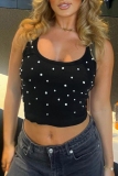 Sleeveless Rhinestone Decor U Neck Wide Strap Slim Fit Tank Top