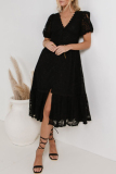 Flower Lace Deep V Neck Short Sleeve Hollow Out Buttons A Line Formal Party Pleated Midi Dress