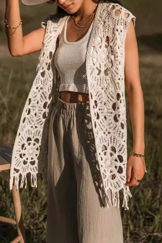 Crochet Sleeveless Hollow Out Fringed Hem Vacation Vest Long Cardigan Top
