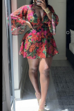 Floral Print Deep V Neck Long Sleeve Knotted Lace Up Short Skirt and Crop Top Vacation Two Piece Dress Set