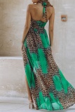 Sexy Leopard Print Sleeveless Backless Hollow Out Side Slit Belted Vacation Halter Chiffon Boho Maxi Swing Dresses