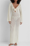 Knit Deep V Neck Long Sleeve Hollow Out See-Through Vacation Beach Maxi Dresses