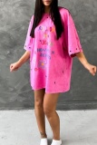 Casual Letter Print O Neck Hollow Out Ripped Loose T Shirt Mini Dresses