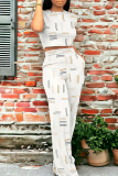 Casual Geometric Print O Neck Short Sleeve Pocket Trousers and CropTop Set Vacation Two Pieces Pant Set