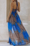 Sexy Leopard Print Sleeveless Backless Hollow Out Side Slit Belted Vacation Halter Chiffon Boho Maxi Swing Dresses