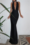 Sleeveless Backless Deep V Neck High Slit Belted Evening Party Halter Maxi Dresses