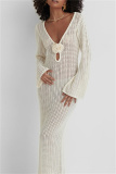 Knit Deep V Neck Long Sleeve Hollow Out See-Through Vacation Beach Maxi Dresses