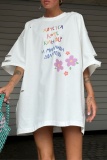 Casual Letter Print O Neck Hollow Out Ripped Loose T Shirt Mini Dresses