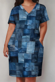 Casual Colorblock Print V Neck Short Sleeve Pocket Plus Size Vacation Straight Midi Dress