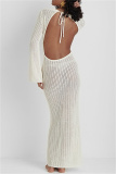 Knit Deep V Neck Long Sleeve Hollow Out See-Through Vacation Beach Maxi Dresses