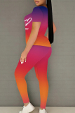 Casual Gradient Letter Print O Neck Short Sleeve T Shirt and Pant Set Sportwear Two Piece Tracksuit Set