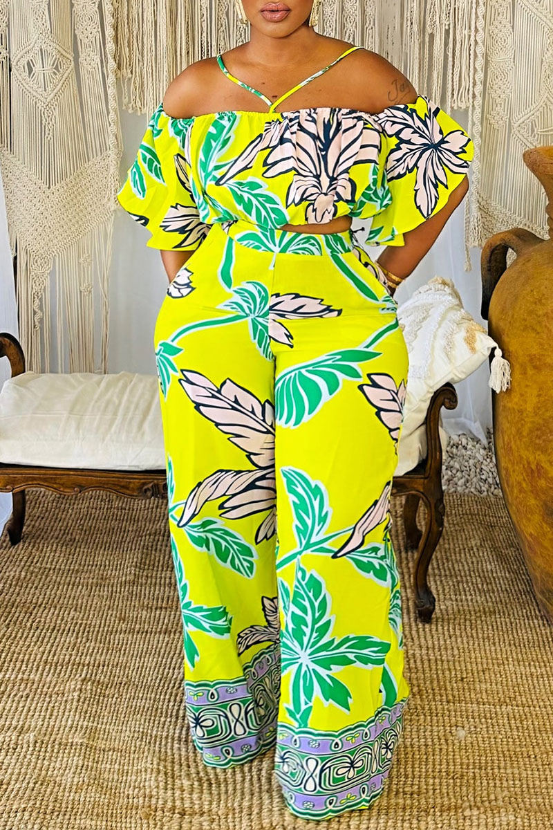 Original Floral Printed Off-The-Shoulder T-Shirt&Wide Legs Pants 2 Pieces Set