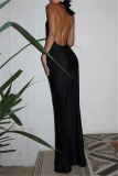 Sleeveless Backless Deep V Neck High Slit Belted Evening Party Halter Maxi Dresses