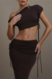 Sexy Sleeveless Oblique Collar Short Sleeve Belted Crop Top and Maxi Skirt Evening Party Two Piece Dress Set