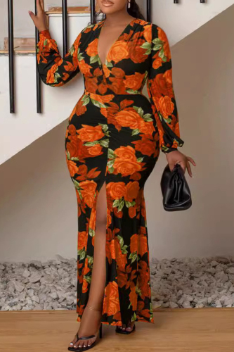 Celebrities Floral Print Deep V Neck High Slit Zipper Long Sleeve Wrapped Skirt Plus Size Vacation Bodycon Maxi Dresses