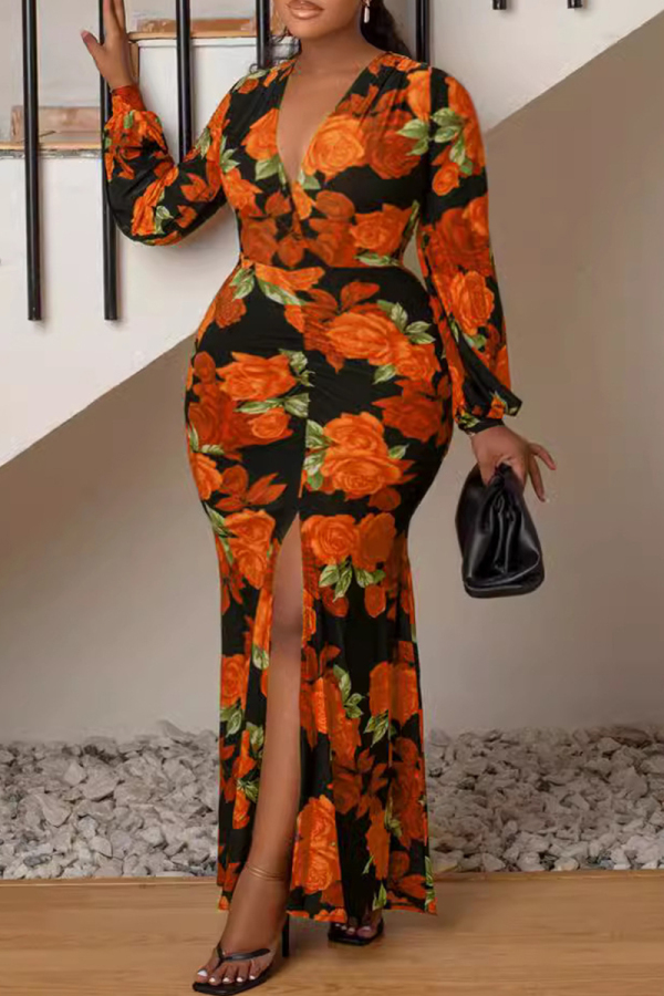 Celebrities Floral Print Deep V Neck High Slit Zipper Long Sleeve Wrapped Skirt Plus Size Vacation Bodycon Maxi Dresses