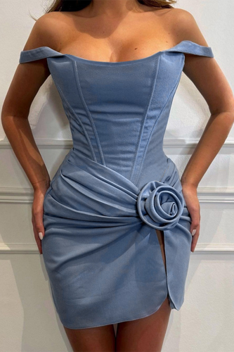 Sleeveless U Neck Ruched Flowers Decor Bodycon Denim Mini Slip Dresses