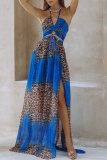 Sexy Leopard Print Sleeveless Backless Hollow Out Side Slit Belted Vacation Halter Chiffon Boho Maxi Swing Dresses