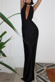 Sleeveless Backless Deep V Neck High Slit Belted Evening Party Halter Maxi Dresses