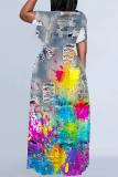 Casual Gradient Faux Denim PrintO Neck Short Sleeve Straignt T Shirt Maxi Dresses