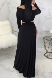 Sexy Off Shoulder Long Sleeve O Ring Decor Tube Crop Tops And Side Slit Maxi Skirt Vacation Two Pieces Dress Sets
