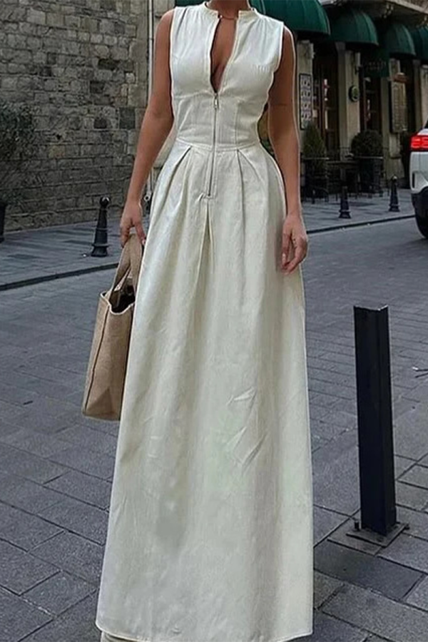 Sleeveless V Neck Mandarin Pocket Zipper Collar Party Maxi Dresses