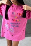 Casual Letter Print O Neck Hollow Out Ripped Loose T Shirt Mini Dresses