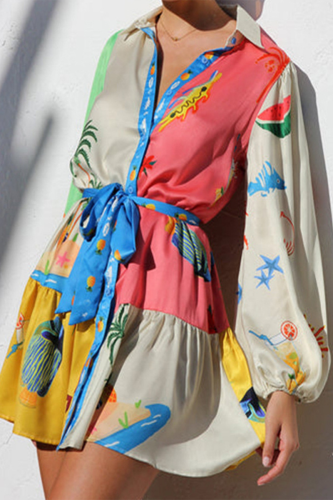 Graffiti Print Turndown Collar Long Sleeve Lace Up A Line Vacation Pleated Shirt Mini Dresses
