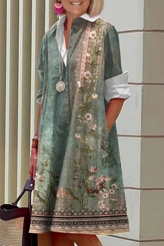 Graphic Print Turndown Collar Long Sleeve Shirt Official Lady Midi Dress