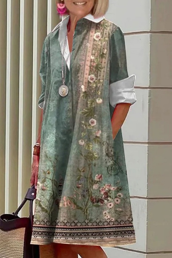 Graphic Print Turndown Collar Long Sleeve Shirt Official Lady Midi Dress