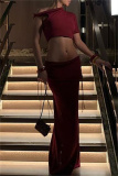 Sexy Sleeveless Oblique Collar Short Sleeve Belted Crop Top and Maxi Skirt Evening Party Two Piece Dress Set