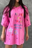 Casual Letter Print O Neck Hollow Out Ripped Loose T Shirt Mini Dresses