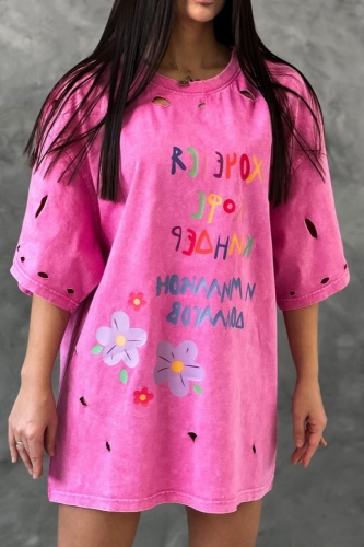 Casual Letter Print O Neck Hollow Out Ripped Loose T Shirt Mini Dresses
