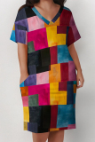 Casual Colorblock Print V Neck Short Sleeve Pocket Plus Size Vacation Straight Midi Dress