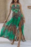 Sexy Leopard Print Sleeveless Backless Hollow Out Side Slit Belted Vacation Halter Chiffon Boho Maxi Swing Dresses