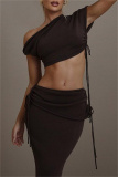 Sexy Sleeveless Oblique Collar Short Sleeve Belted Crop Top and Maxi Skirt Evening Party Two Piece Dress Set