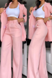 Formal Turn-back Collar Pocket Buttons Long Sleeve Blazer and Pant Set Office Lady Women Suit Set