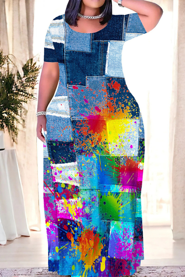 Casual Gradient Faux Denim PrintO Neck Short Sleeve Straignt T Shirt Maxi Dresses